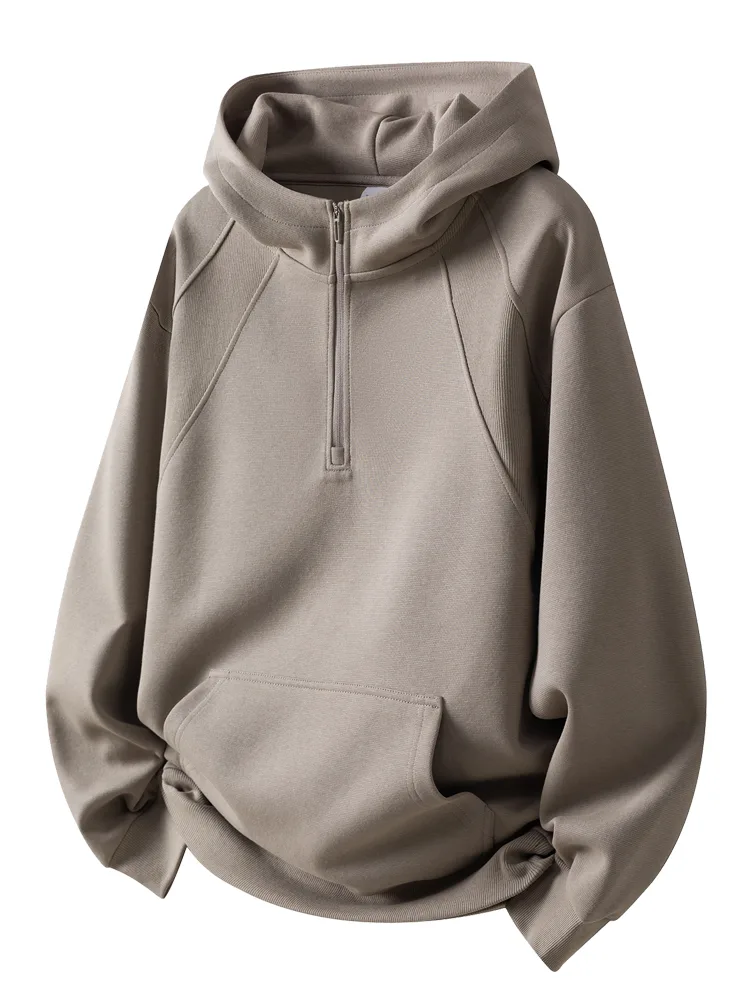 Taupe quarter zip hoodie in a lofty fleece knit