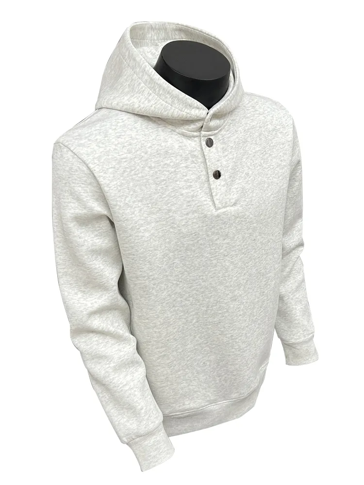 Grey marl hooded sweatshirt with a half-button placket, displayed on a mannequin