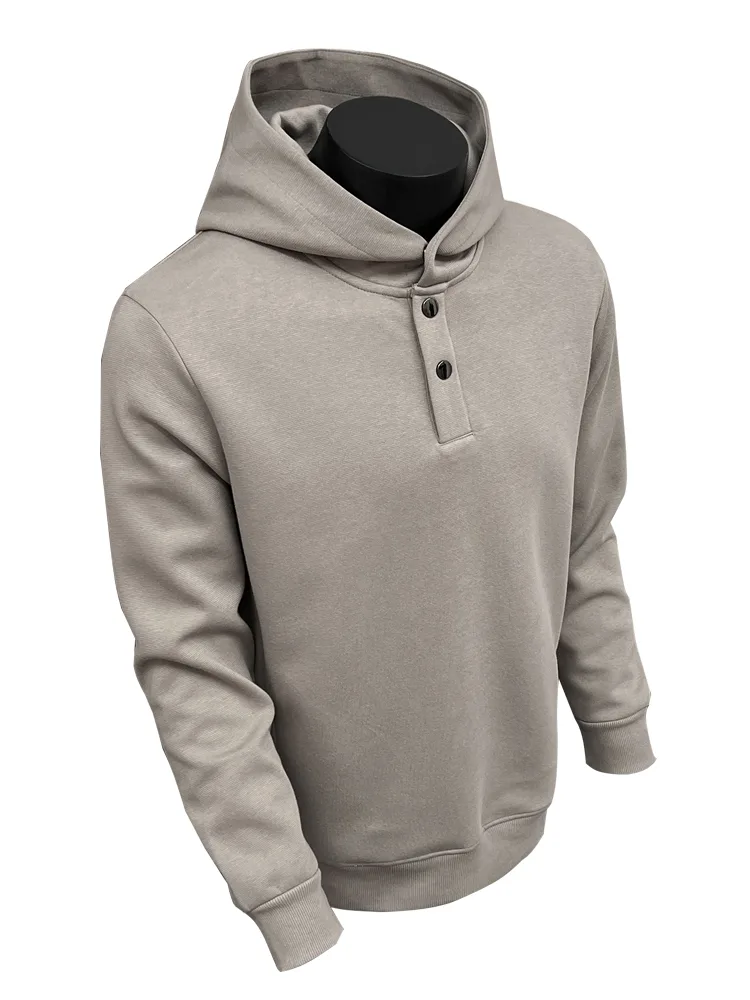 Tan hooded sweatshirt with a buttoned half-placket displayed on a mannequin