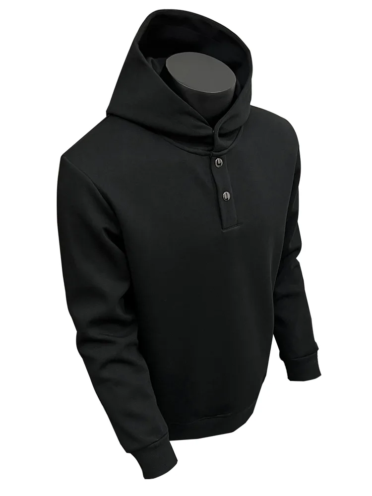 Black hooded sweatshirt with button placket photographed on a mannequin form