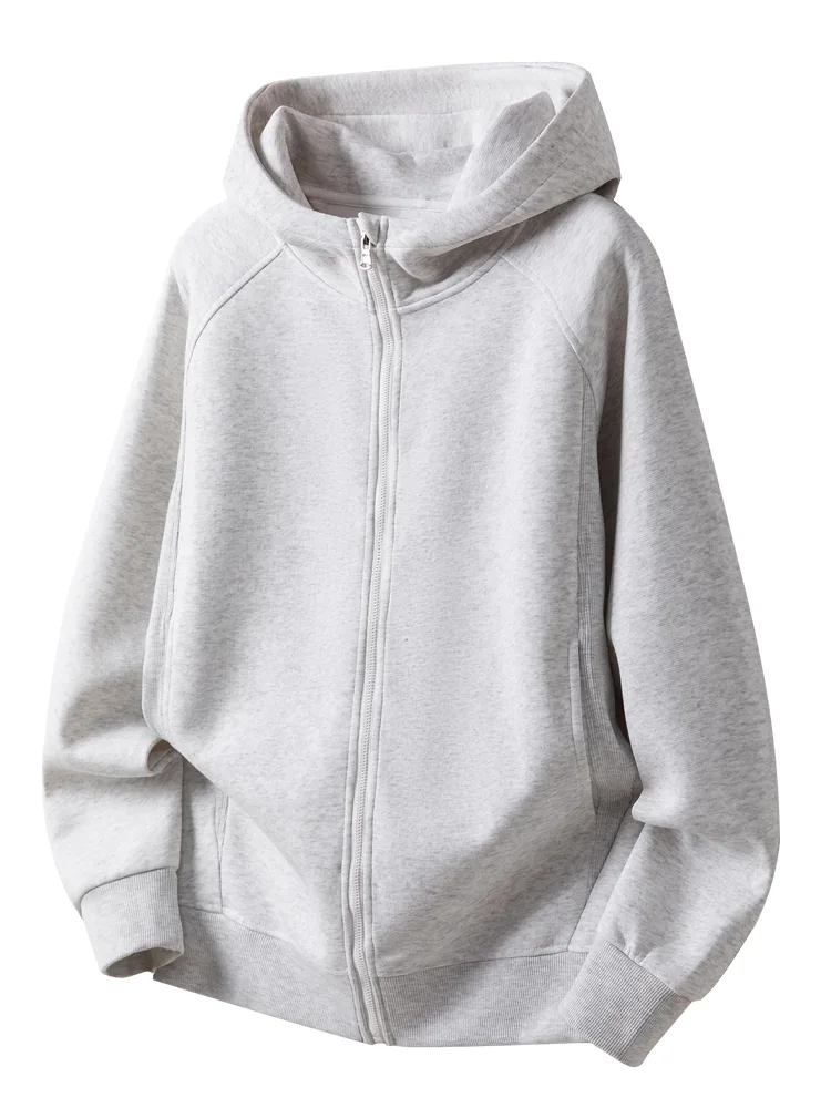 Grey marl zip-through hoodie laid flat, wholesale style