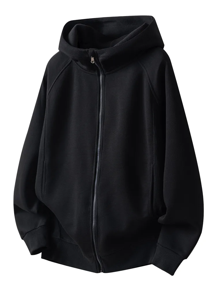Black full-zip hooded sweatshirt laid flat, showing the zipper, hood and pockets