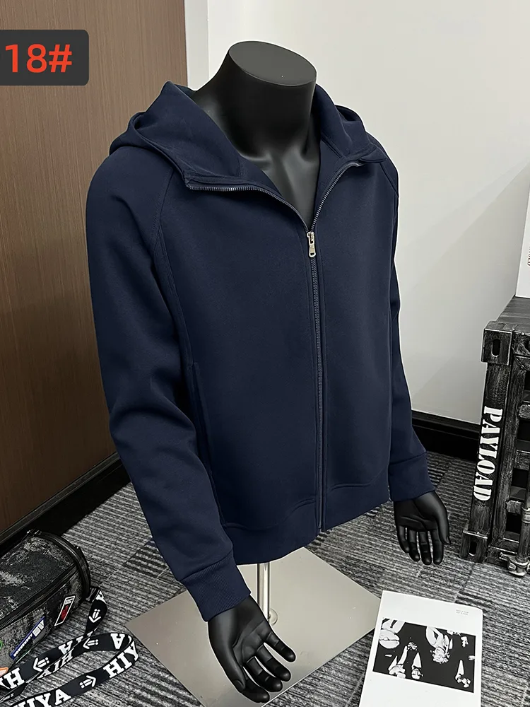 Navy zip-up hooded sweatshirt displayed on a mannequin