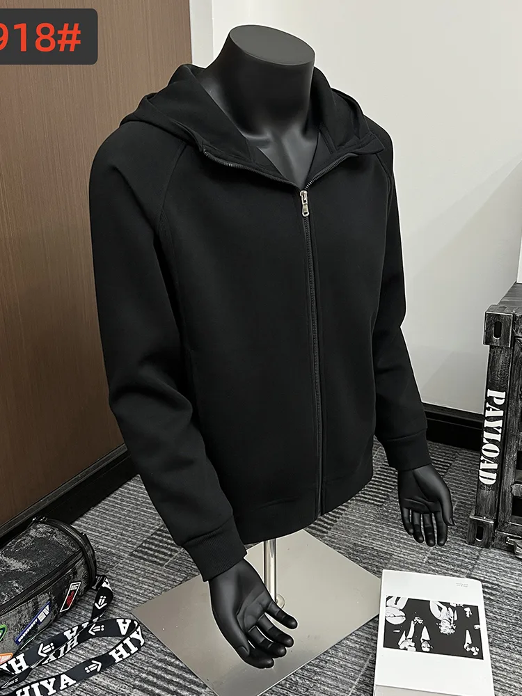 Black zip-through hooded sweatshirt photographed on a mannequin form