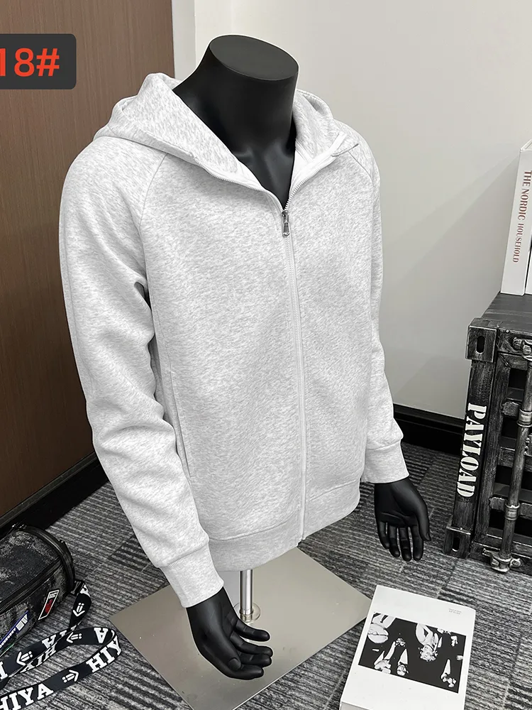 Grey marl zip-through hooded sweatshirt on a mannequin, showing the knitted surface