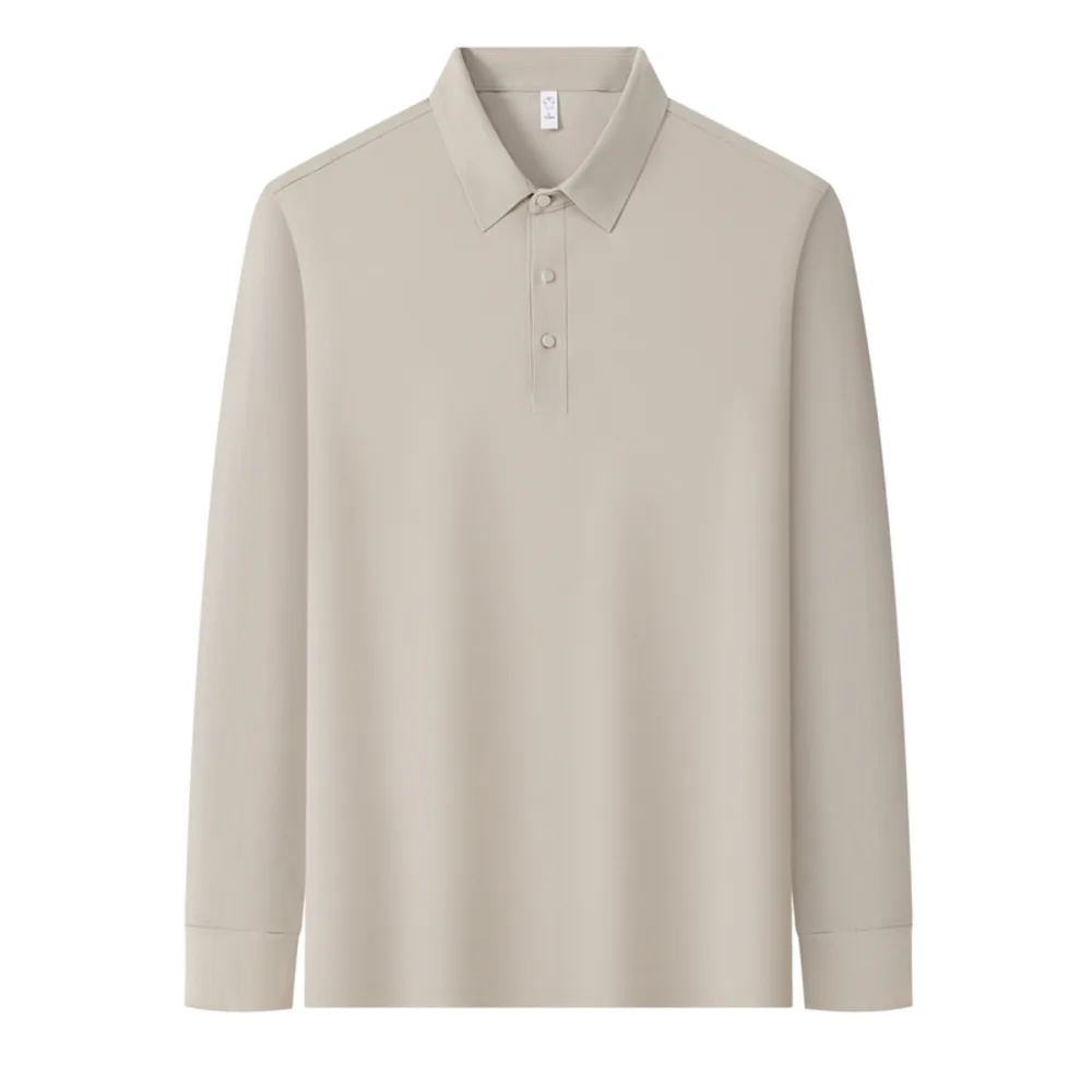 Light blue long sleeve polo shirt laid flat, wholesale style