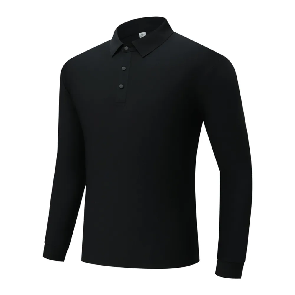 Black long-sleeve polo shirt laid flat