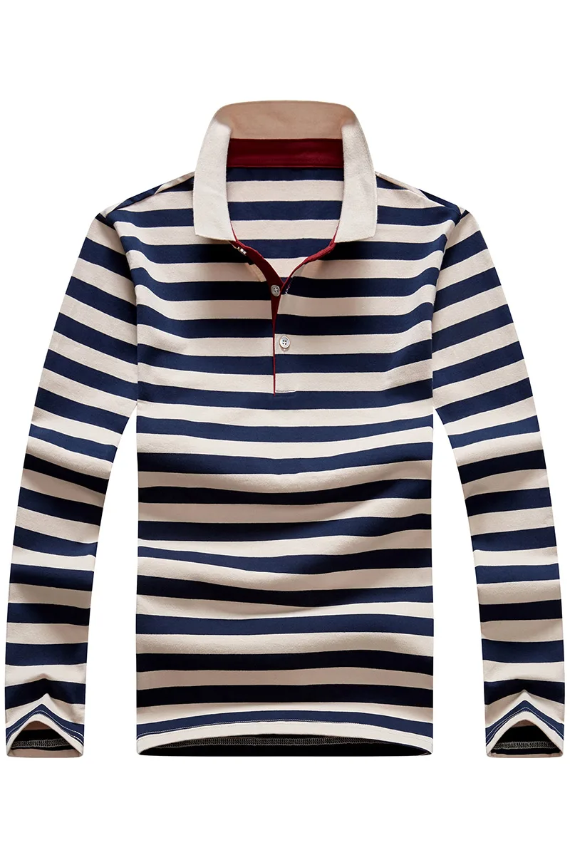 Navy and cream striped long sleeve polo shirt laid flat, wholesale style