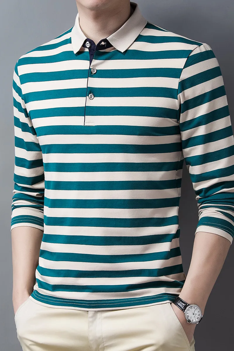 Teal and white striped long-sleeve polo shirt worn by a model