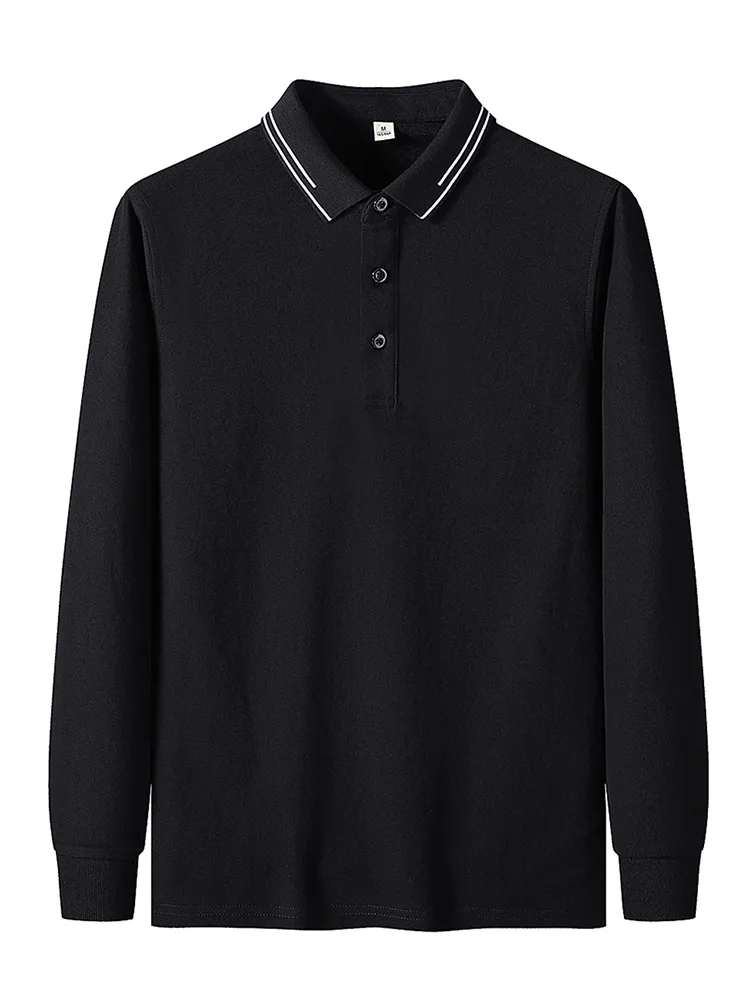 Black long-sleeve polo shirt laid flat, showing the contrast-tipped collar and placket