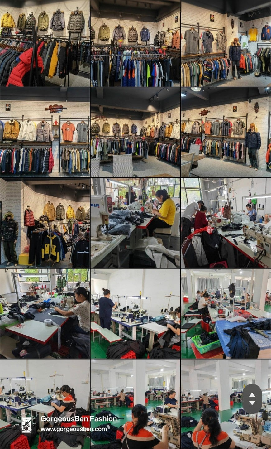 GorgeousBen men's apparel factory workshop collage, including clothing sample display rack, workers sewing garments on production line, custom casual wear OEM manufacturing scene