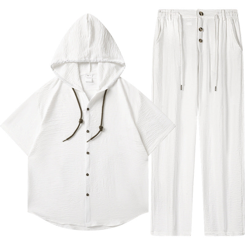 2026 Summer Cross-Border Amazon 3D Men's Sports Casual Suit Hooded Pleated Short-Sleeved Shirt Loose Pants