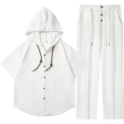 2026 Summer Cross-Border Amazon 3D Men's Sports Casual Suit Hooded Pleated Short-Sleeved Shirt Loose Pants