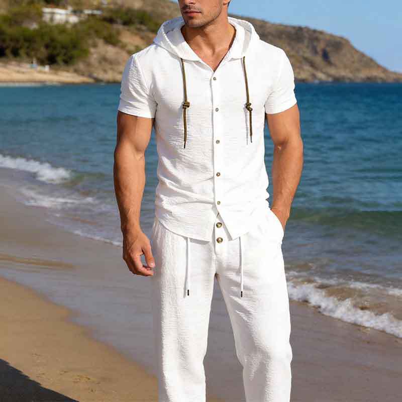 2026 Summer Cross-Border Amazon 3D Men's Sports Casual Suit Hooded Pleated Short-Sleeved Shirt Loose Pants