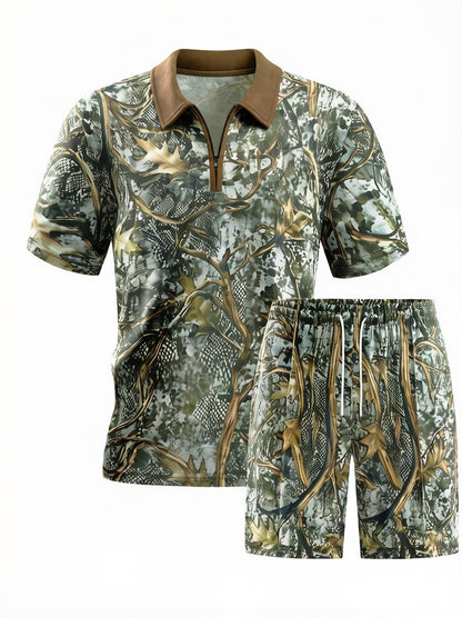 2026 Summer Cross-Border Amazon 3D Trendy Men's Camouflage Suit Short-Sleeved Five-Quarter Pants Sports and Casual Two-Piece Set