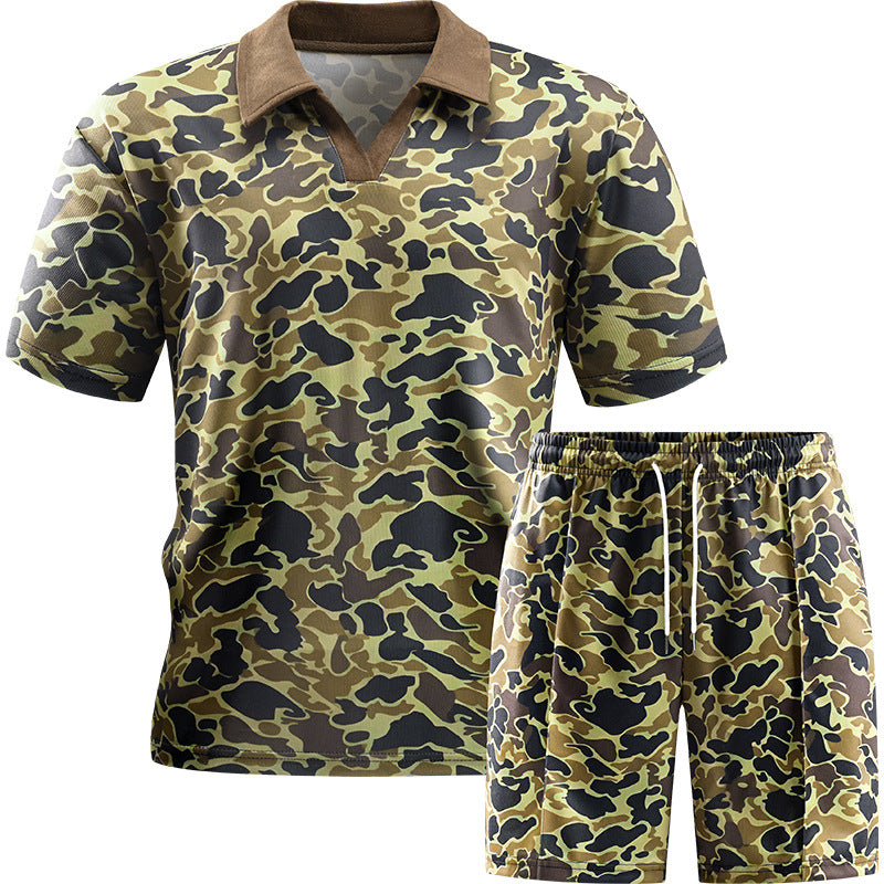 2026 Summer Cross-Border Amazon 3D Men's Zipper Polo Shirt Shorts Set Printed Leopard Print Shorts Casual
