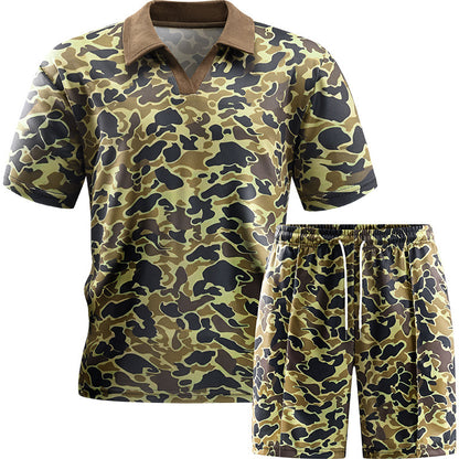 2026 Summer Cross-Border Amazon 3D Men's Zipper Polo Shirt Shorts Set Printed Leopard Print Shorts Casual