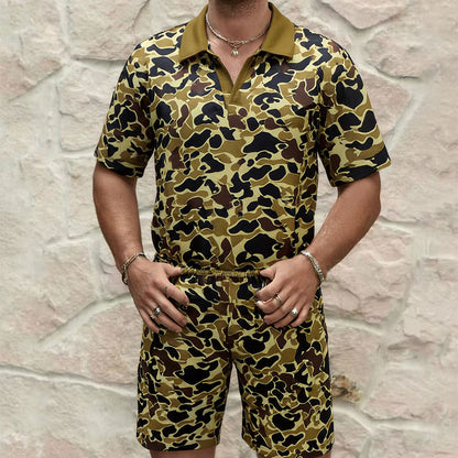 2026 Summer Cross-Border Amazon 3D Men's Zipper Polo Shirt Shorts Set Printed Leopard Print Shorts Casual