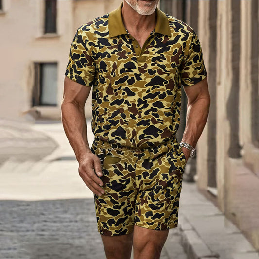 2026 Summer Cross-Border Amazon 3D Men's Zipper Polo Shirt Shorts Set Printed Leopard Print Shorts Casual