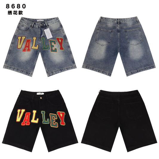 Men's Colorful Letter Embroidered Denim Shorts