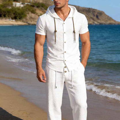 2026 Summer Cross-Border Amazon 3D Men's Sports Casual Suit Hooded Pleated Short-Sleeved Shirt Loose Pants