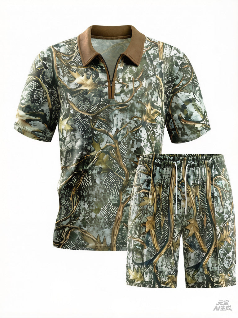 2026 Summer Cross-Border Amazon 3D Trendy Men's Camouflage Suit Short-Sleeved Five-Quarter Pants Sports and Casual Two-Piece Set