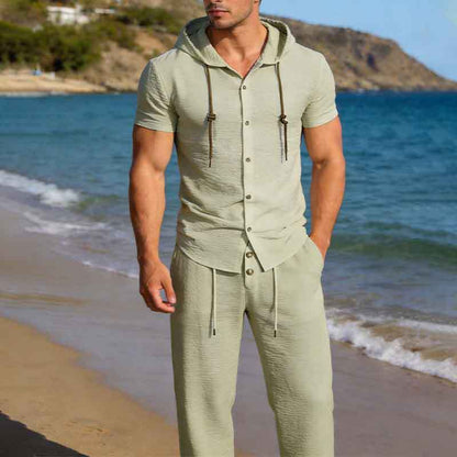 2026 Summer Cross-Border Amazon 3D Men's Sports Casual Suit Hooded Pleated Short-Sleeved Shirt Loose Pants