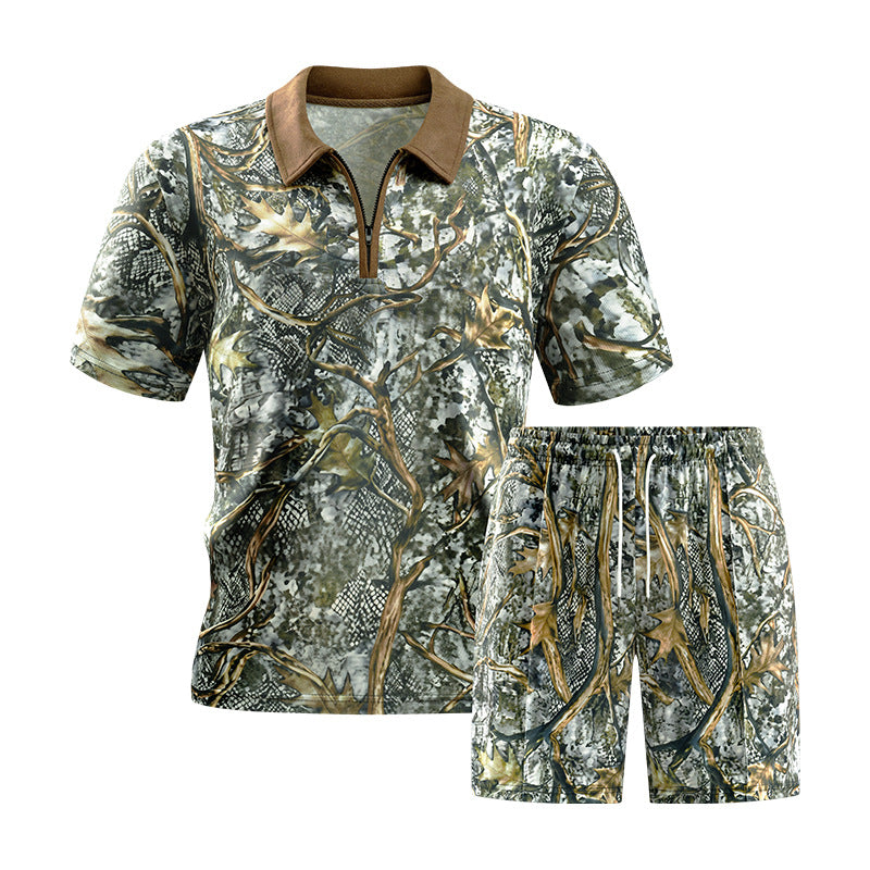 2026 Summer Cross-Border Amazon 3D Trendy Men's Camouflage Suit Short-Sleeved Five-Quarter Pants Sports and Casual Two-Piece Set