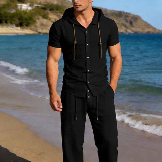 2026 Summer Cross-Border Amazon 3D Men's Sports Casual Suit Hooded Pleated Short-Sleeved Shirt Loose Pants