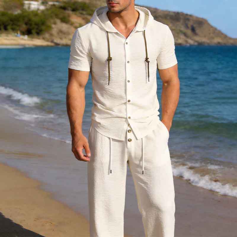 2026 Summer Cross-Border Amazon 3D Men's Sports Casual Suit Hooded Pleated Short-Sleeved Shirt Loose Pants